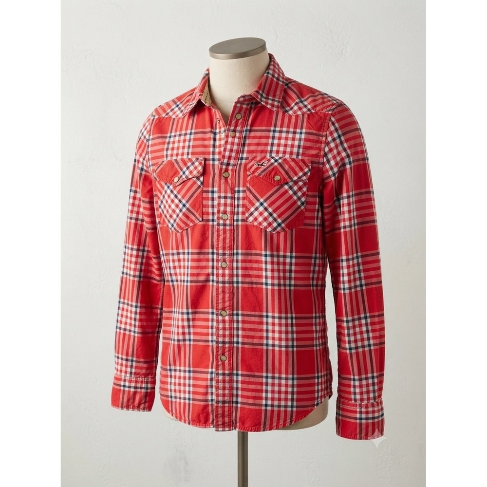 Y2K Hollister Mens Red Plaid Long Sleeve Button Down Western Snap Shirt Large